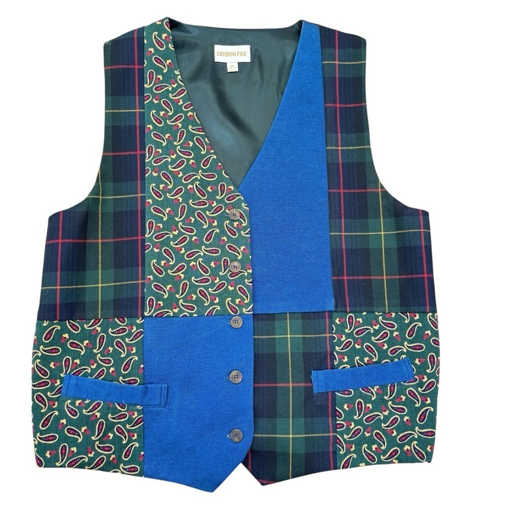 London Fog Women's Vest Lined Medium Waistcoat Patchwork Paisley Plaid Pockets